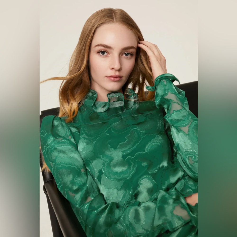 SALONI Size 10 Silk Mock Neck Long Sleeve Rina B Dress in Green - Picture 3 of 12